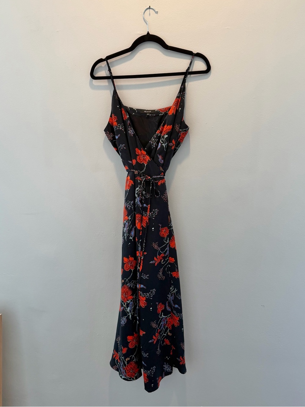 Madewell Navy Blue Windblown Poppies Sleeveless Cami Midi Wrap Dress Size M